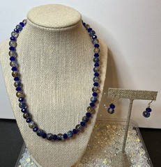 Handmade Royal Blue Gold Crackle Glass & Crystal Bead Necklace 18k GP Earrings Z