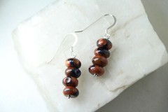 Goldstone 8mm Roundel Gemstone Earrings .925 Sterling Silver Orange Black 1 3/8″