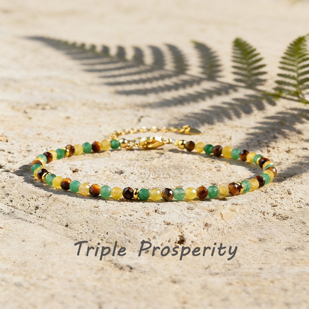 Triple Prosperity Tiger’s Eye Citrine Green Aventurine Beads Minimalist Bracelet