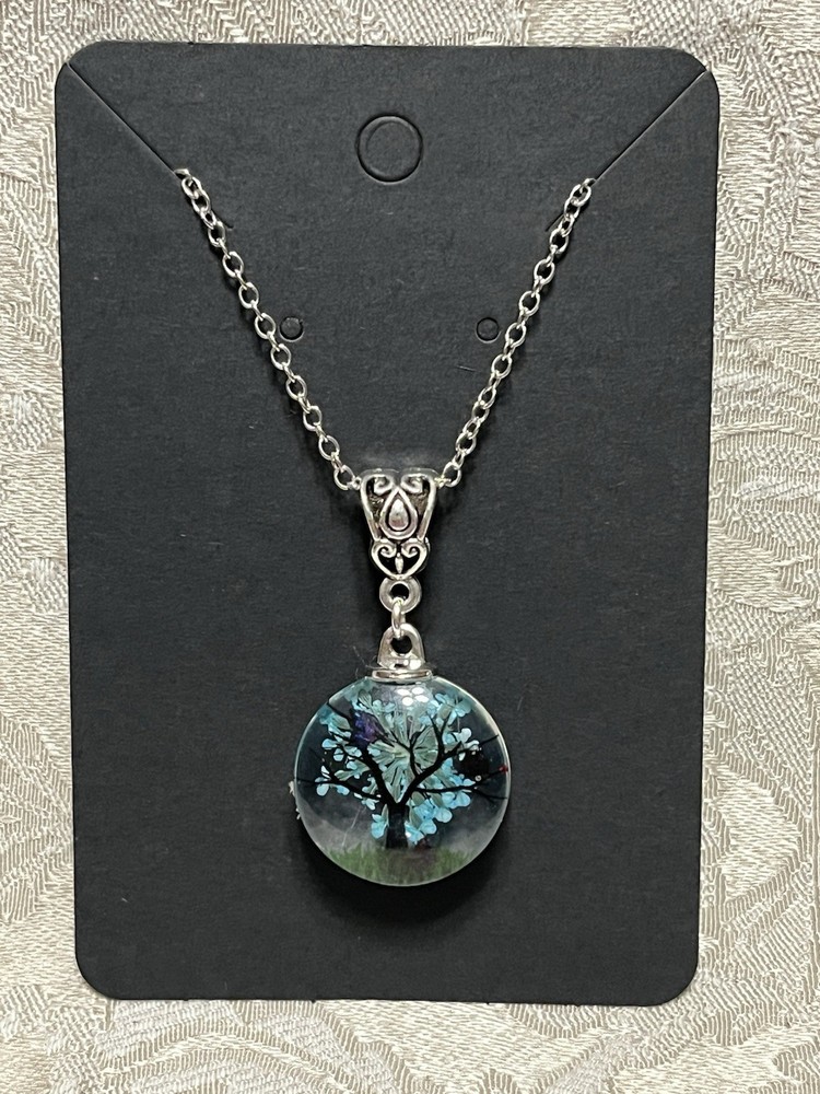 Pendant Nature Flower Tree Lacework Glass Two Sided Silver 18” Boho Necklace