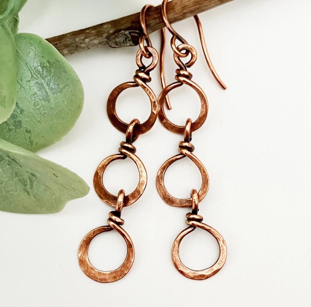 Hammered Copper Hoop Dangle Earrings Boho Handmade Wire Jewelry Gift For Her