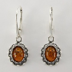 Cognac / Brown BALTIC AMBER Oval Leverback Earrings 925 STERLING SILVER #1548e