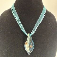 Hand Blown Art Glass Pendant Necklace Blue Goldstone Organza Cord 16”