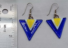 Fused Art Glass Earrings Cobalt Blue, Yellow, White, Triangle Dangle Earrings