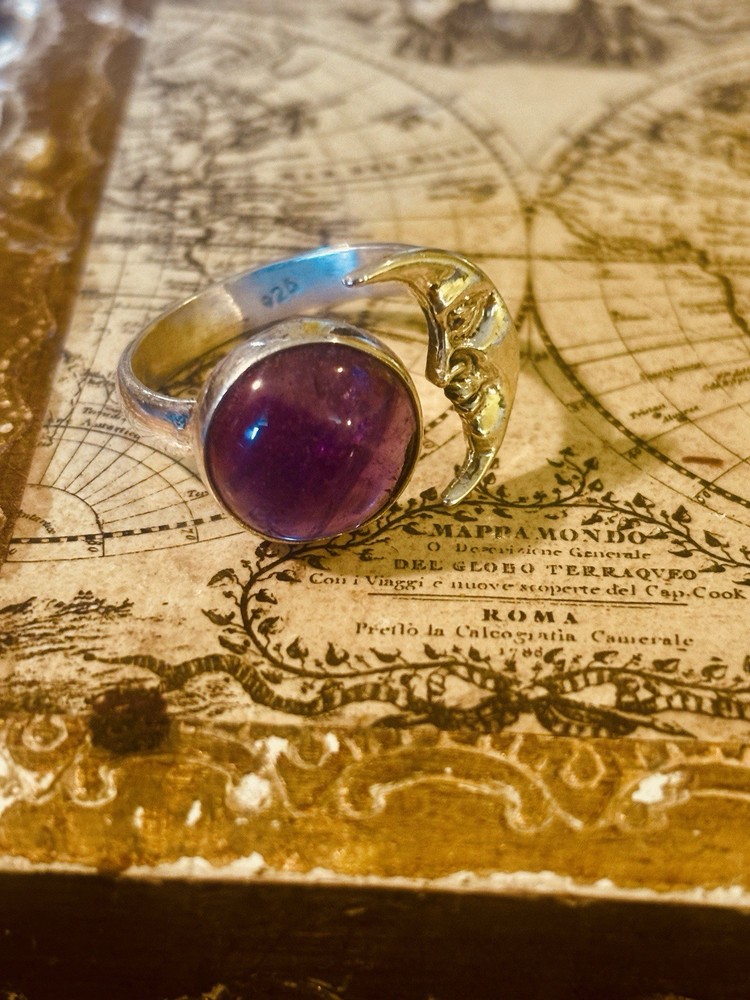 925 STERLING SILVER ADJUSTABLE SIZE AMETHYST RING UNIQUE HANDMADE CRESCENT MOON