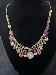 Ayala Bar Handcrafted Bead Charm Textile Fabric Silver Tone Necklace 15”+ Extend