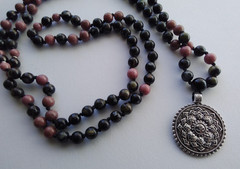 Mala 108 Beads, Flower Obsidian, Rhodonite & Onyx Hand knotted Mala Necklace