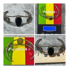 Black Onyx Gemstone Silver Tone Handmade Swirl Bracelet Cuff !!