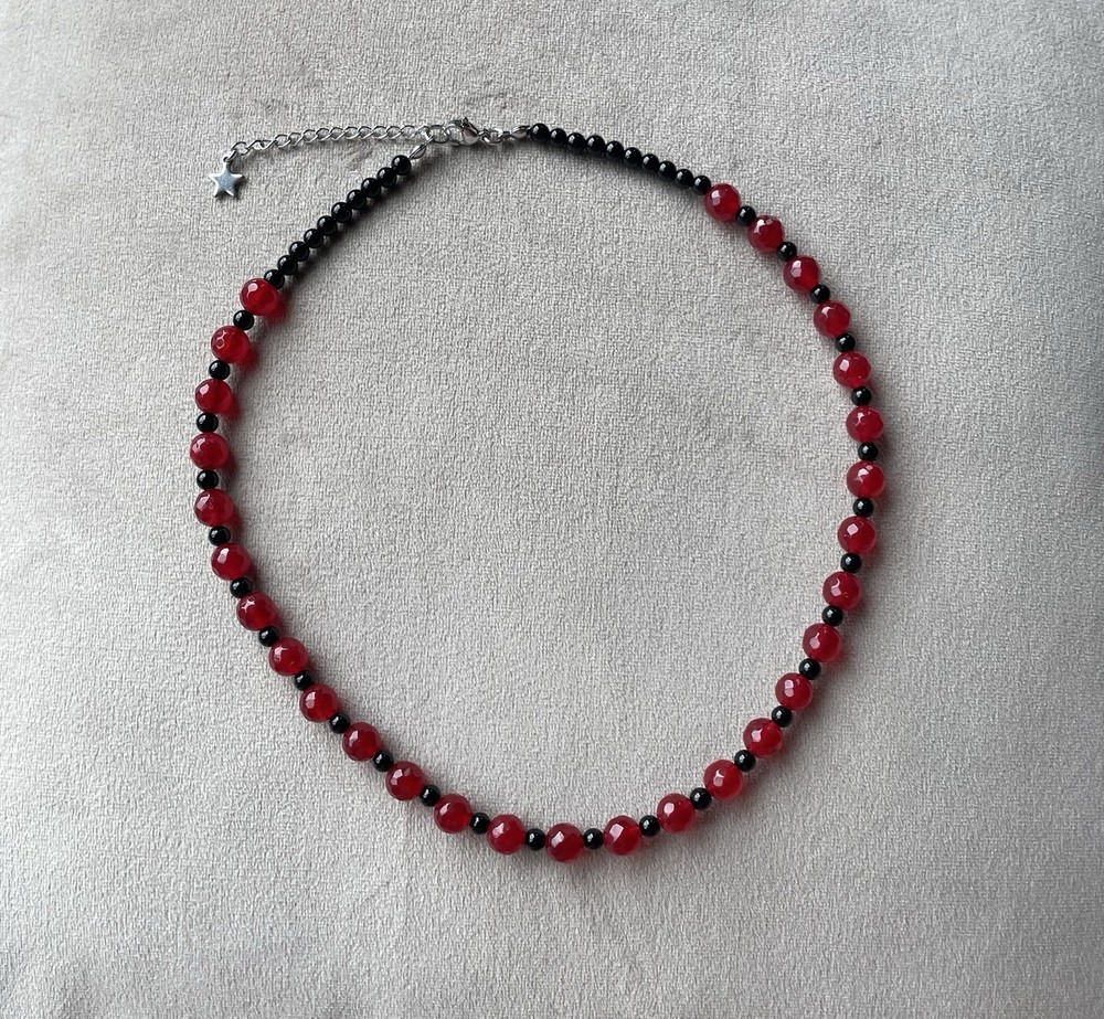 RED MALAYSIAN JADE BLACK ONYX Gemstone Beaded Unisex Choker Necklace 17”