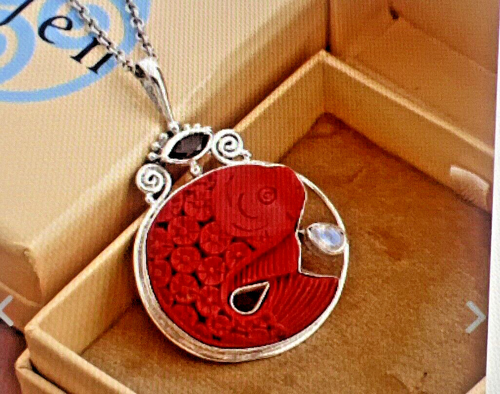 SAJEN SILVER Simulated Cinnabar and Multi Gemstone Carved Fish Pendant Sterling
