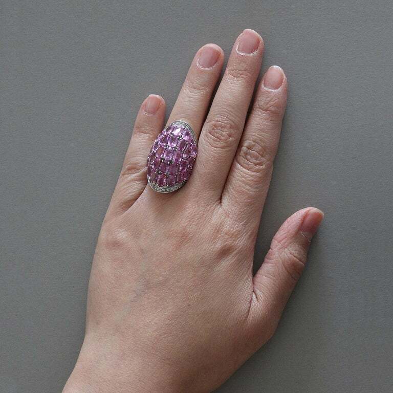 Featuring 30 Oval Cut Rose Pink 16.35CT Sapphires & Shiny CZ Handmade Women Ring