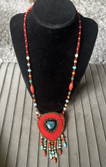 VTG Macrame Boho Necklace w/Blue Center Stone Hidden Pocket Seed Tassel Beads