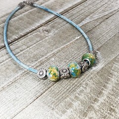 Summer Choker with Cornflower Blue Leather Cord and Lampwork Beads