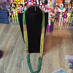 Handcrafted Beaded Glass Necklace Green Yellow Gold Multi-Strand Lobster Women