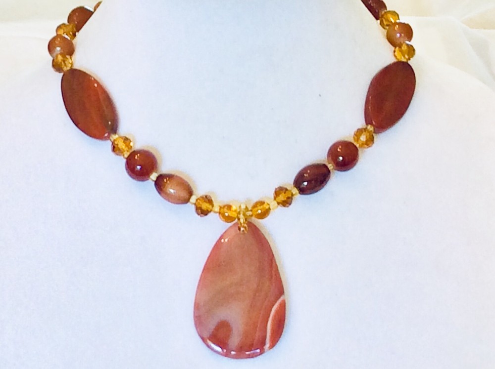 NWOT ~ Genuine Orange Banded Agate & Golden Yellow Crystal Glass Bead Necklace