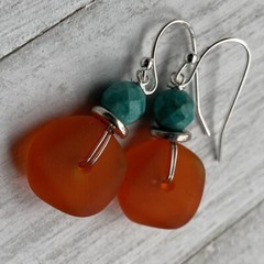 Min Favorit Tangerine Swirl Sea Glass, Turquoise & Silver Pl Artisan Earrings