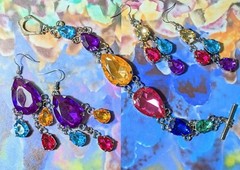 Woman Bracelet Peacock Multi Bling Toggle Dangle Earrings Multi Pink Yellow