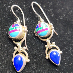 Vintage Sajen Sterling Silver Lapis Lazuli Turquoise Mosaic Dangle Earrings