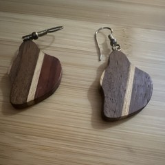 Handcrafted Brown Wood Dangle/Drop Earrings Asymmetrical Stripe Hook Closure
