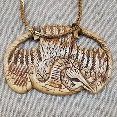 Scarce Vintage Hand Carved Quality Artisanship Bird/Crane Catching Fish Necklace
