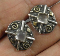 Moonstone Square .925 Sterling Silver 22K Gold Embellished Oval Stud Earrings