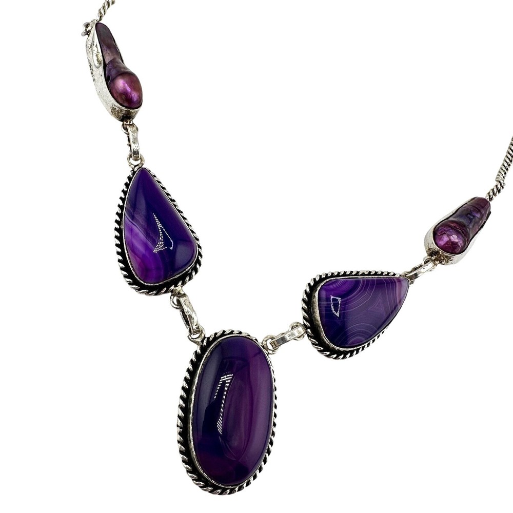 Genuine FW Pearls Purple Dyed Agate Artisan Silver Over Brass Bezel 19” Necklace