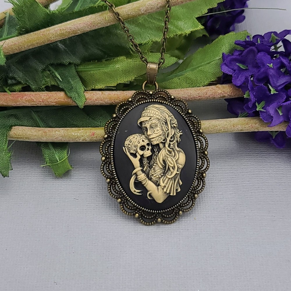 Antiqued Brass Vintage Style Cameo Necklace. (Scary Mother Child).
