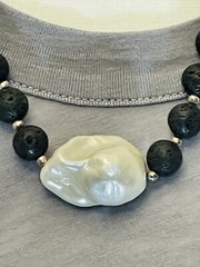 Greek Black Lava Stone Necklace w Large Mother of Pearl