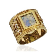 Square Roman Glass Ring In 14K Yellow Gold Filigree Yemenite Style Solid Jewelry
