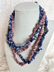 2 Necklaces Natural Stone Organic Earthy Blue Sodalite & Pink Rhodonite Coastal