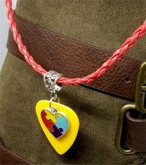 Autism Awareness Heart Charm on Yellow Guitar Pick Necklace on Red Braided Cord