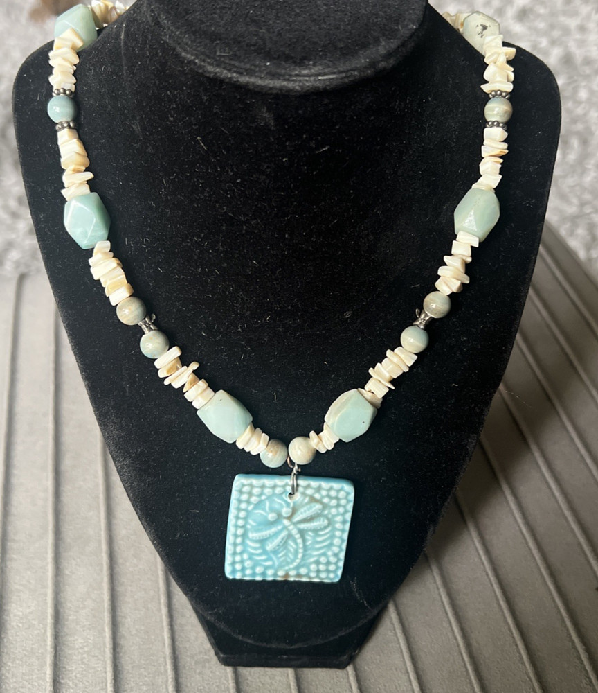 Artisan Beaded Necklace Blue Dragonfly Ceramic Tile Pendant Blue Stones & Shells