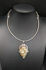 J Jansen Brustalist Modernist Silver Gold Tone Crystal Pendant Necklace