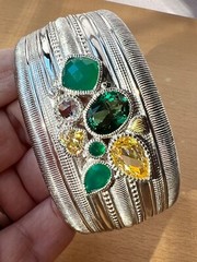 JUDITH RIPKA WIDE CUFF BRACELET STERLING &18K GREEN QUARTZ CANARY CZ CHALCEDONY