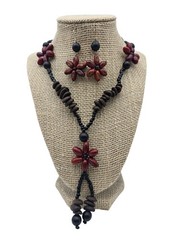 New Artisan Handmade Wooden Seeds Bead Flower Necklace Earrings Set