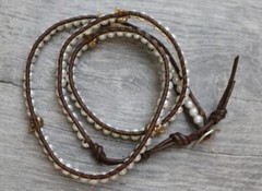 Chan Luu Sterling Silver 925 Fresh Water Pearl Skull Brown Leather Wrap Bracelet