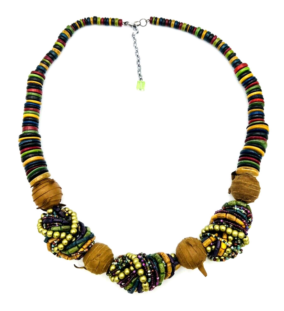 Dyed Coconut Shell Brown Leather Beaded BOHO Necklace