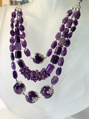 SS .925 3 STRAND GENUINE AMETHYST & BALI BEADS NECKLACE OOAK !