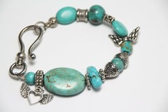 Turquoise Blue Gemstone & Pewter Charms Bracelet Wing Charm 6.5″ Wings Heart
