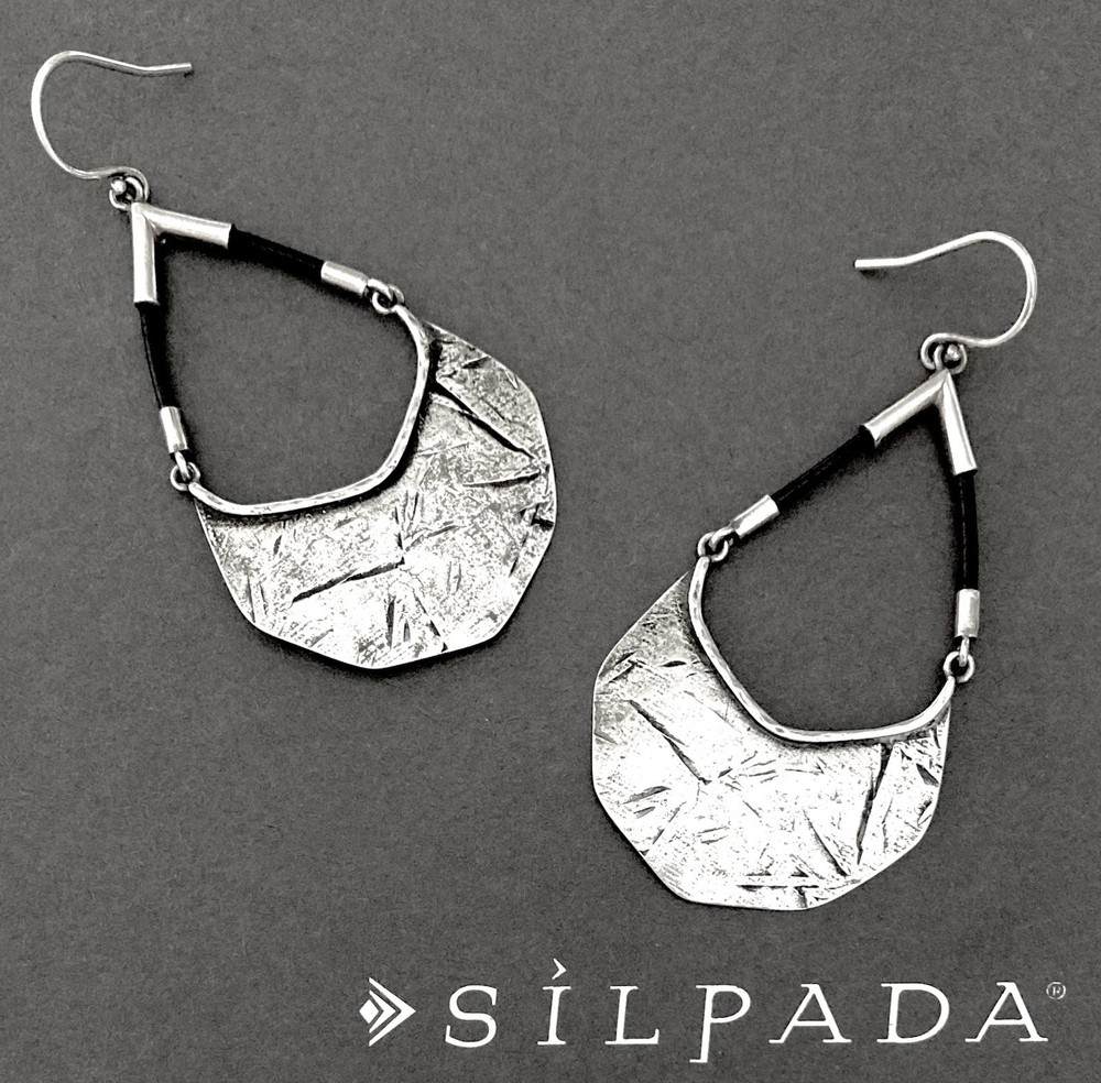 SILPADA Sterling Silver Textured BADGE OF BEAUTY Black Leather Earrings~#W3140