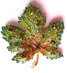 GREEN FALL LEAF Brooch Glass AB crystals GIFT BOX Gold tone #BR09
