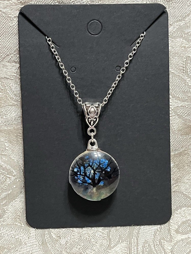 Pendant Nature Flower Tree Lacework Glass Two Sided Silver 18” Boho Necklace