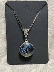 Pendant Nature Flower Tree Lacework Glass Two Sided Silver 18” Boho Necklace