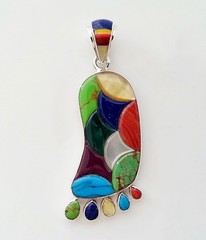 MULTICOLOR TURQUOISE LAPIZ CORAL COBBLE INLAY .925 STERLING SILVER FOOT PENDANT