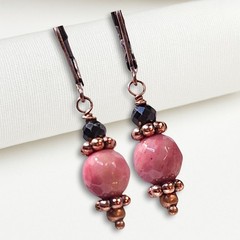 Pink Rhodonite & Black Tourmaline Gemstone Earrings Antique Copper Dangle