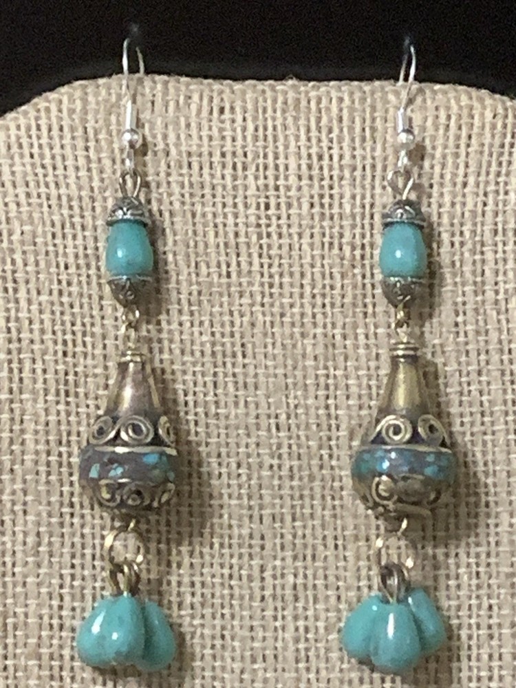 NEW ITEM* HANDCRAFTED NEPAL BEAD &TURQUOISE EARRINGS*-.925 STERLING EAR WIRE-NEW