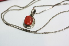 Estate Mexican 925 Silver Coral Jasper Pendant Necklace 45 CM 18″ HeShe Chain
