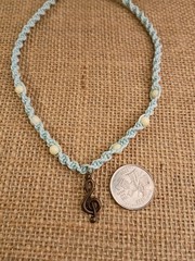 New Blue Hemp Necklace W/ Bronze Music Charm & White Beads 15 in Macrame