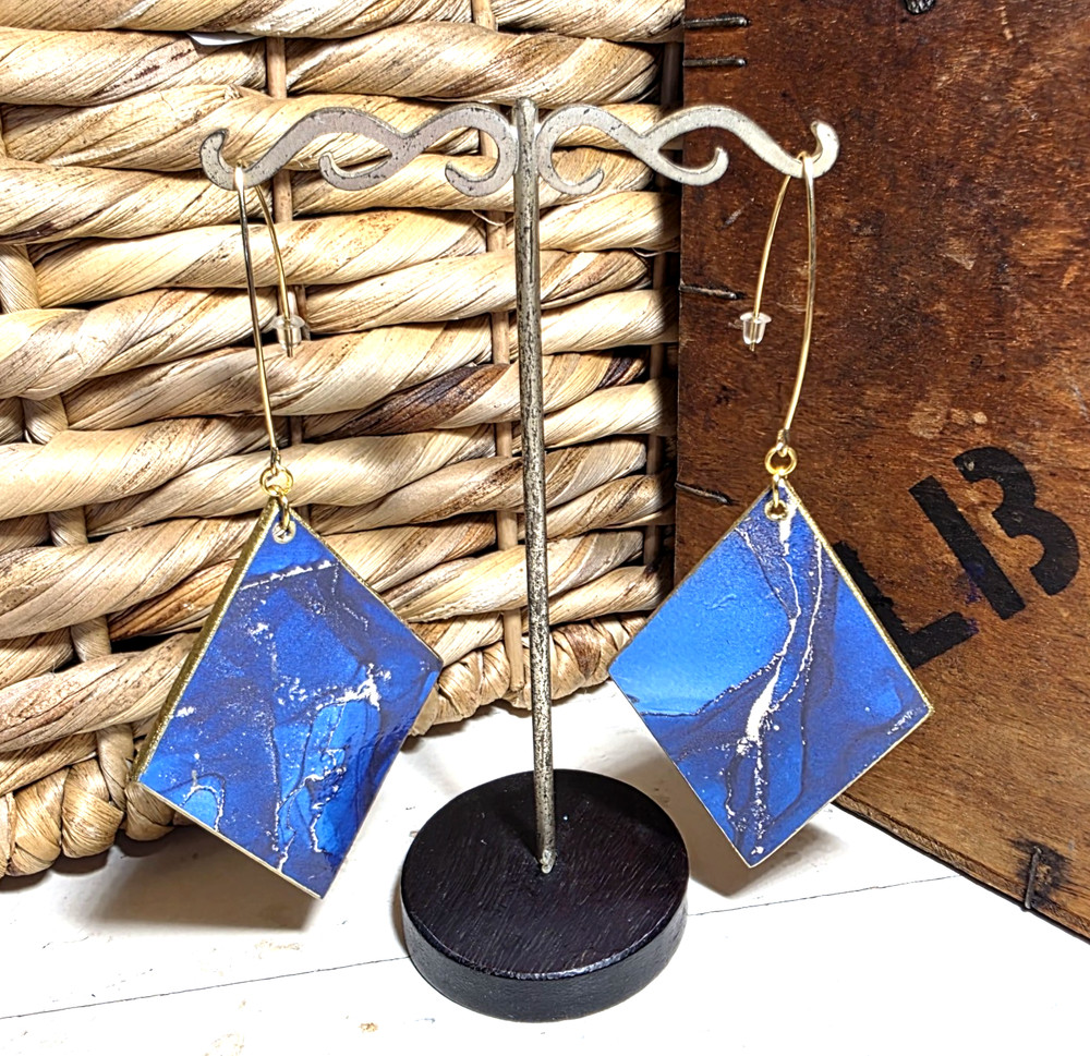 Handmade Abstract Wood Statement Earrings OOAK Deep Blue Gold Metallic Dangles