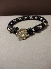 Beaded Leather Wrap Bracelet, Handmade With Black & Silver Crystal Beads